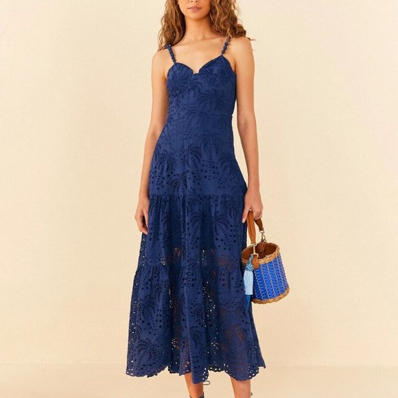 FARM Rio | Dresses | Farm Rio Deep Blue Palm Tree Eyelet Richelieu Midi